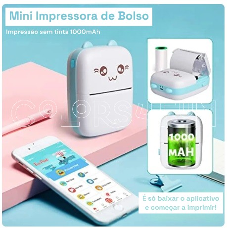 Mini-Impressora de Bolso Fotográfica com Rolos de Papel