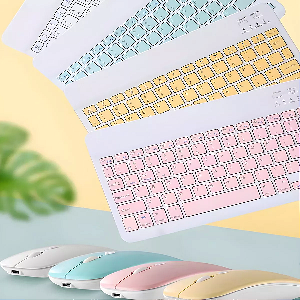 Kit Teclado Mouse Sem Fio Bluetooth Compacto Wireless Colorido Recarregável