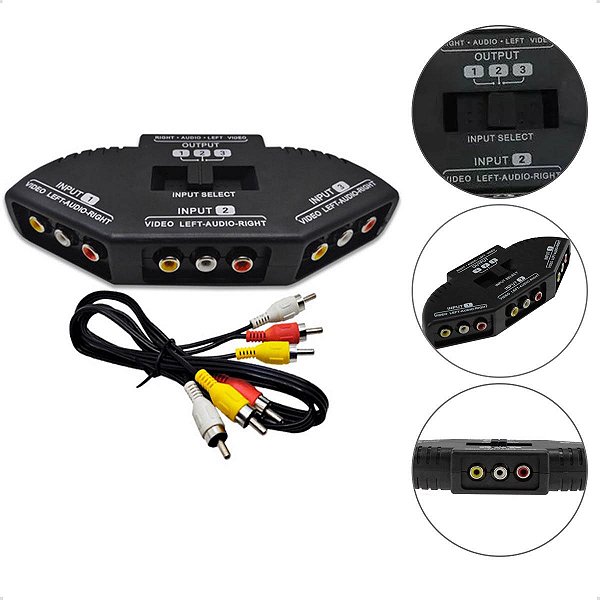Chave Seletora Audio Video Chaveador 3x3 RCA com Cabo 80cm