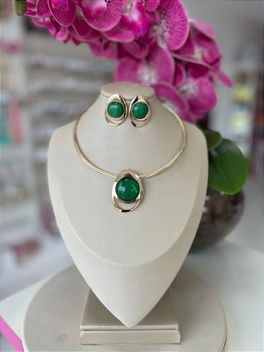 Conjunto colar Aro Pedraria Verde Bijuteria Dourada