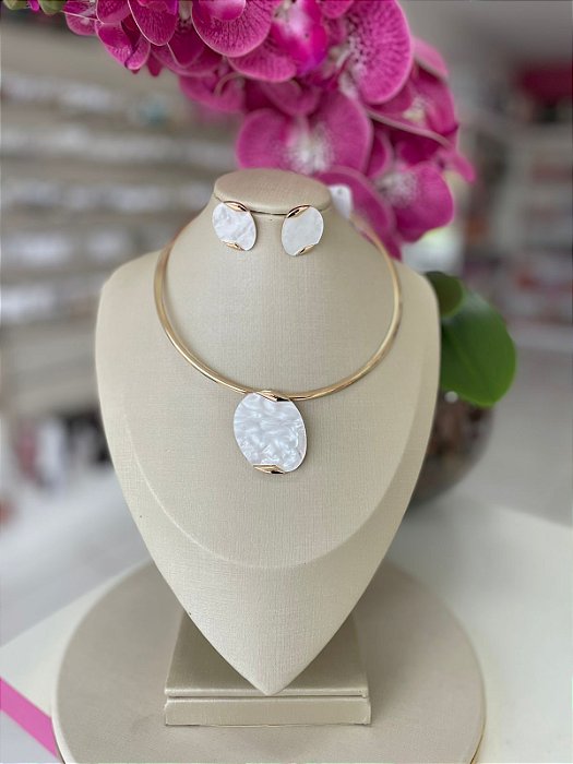 Conjunto Colar Aro Efeito Marmore Bijuteria Dourado