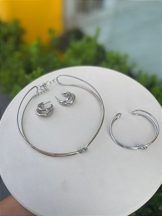 Conjunto Colar + Bracelete + Brinco Aro Bijuteria Prata