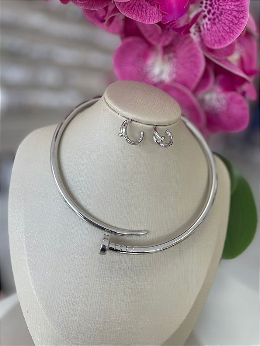Conjunto Colar Martelo Bijuteria prata