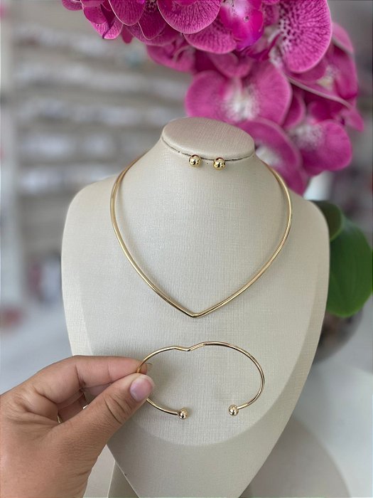 Conjunto Colar Aro + Bracelete + Brinco Bijuteria Dourada e Prata