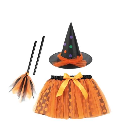 Kit Fantasia Halloween Infantil - Bruxinha Poá Laranja - 3 Peças