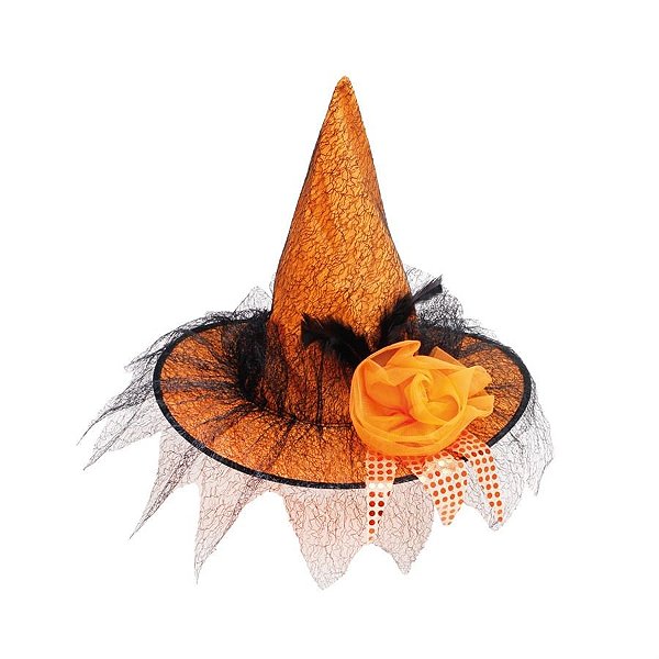 Chapéu de Bruxa com Tule Laranja e Preto 38cm - 1 Un
