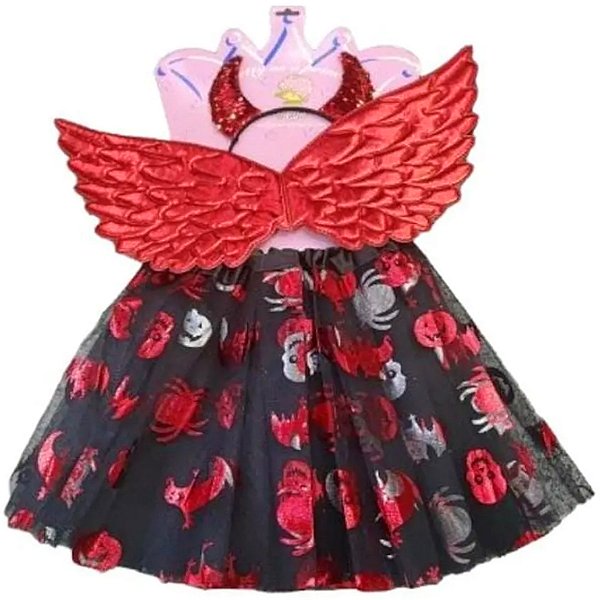 Kit Fantasia Infantil Halloween Diabinha com Asas - 3 Peças