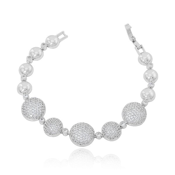 Pulseira Esferas Cravejada Ródio Branco