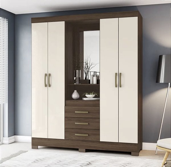 Roupeiro 4 Portas 3 Gavetas Castanho HP/Off-White – Organização e Elegância para o Seu Quarto!