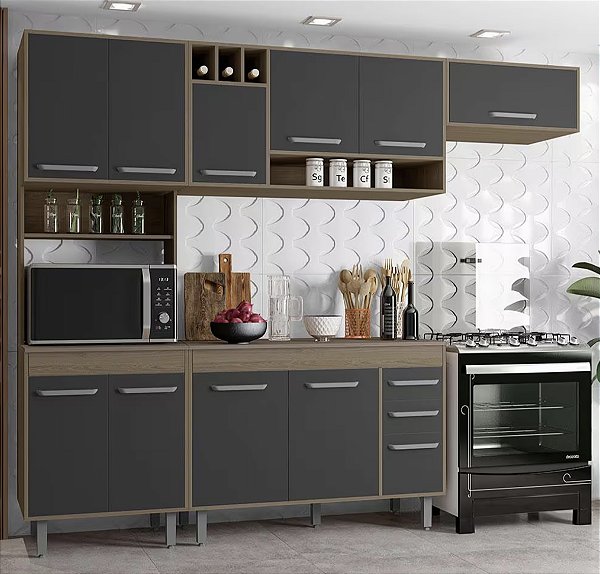 Cozinha Compacta Barcelona Carvalho/Grafite Poliman – Modernidade, Praticidade e Sofisticação!