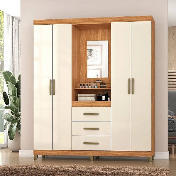 Guarda-Roupa Sintra 4 Portas 3 Gavetas com Espelho – Funcionalidade, Design e Organização para o Seu Quarto!