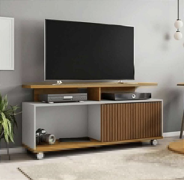 Rack para TV Topázio 1 Porta Ripado 3D Naturalle/Off White – Modernidade, Funcionalidade e Estilo para sua Sala!