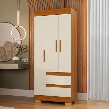 Guarda-Roupa Solteiro 3 Portas 2 Gavetas Maya Cinamomo/Off White