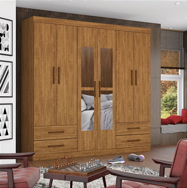 Guarda-Roupa Casal Hércules Gold com Espelho – 6 Portas e 4 Gavetas | Carioca Móveis