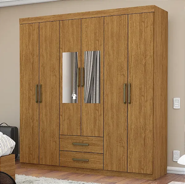 Guarda-Roupa Casal Áries com Espelho – 6 Portas e 2 Gavetas | Carioca Móveis