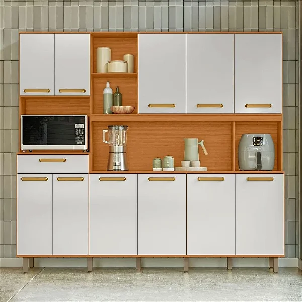 Kit Armário de Cozinha Pilar 11 Portas – Freijó/Off White – Poliman Móveis
