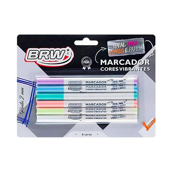 Caneta Marcador Vidro e Papel c/ 6 Cores BRW CA8012