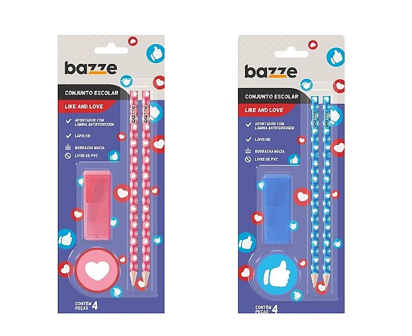 Kit Emotion Love Bazze - 2 Lápis preto + Apontador com depósito +Borracha - Cart C/ 4 PCS - BAZZE 904355