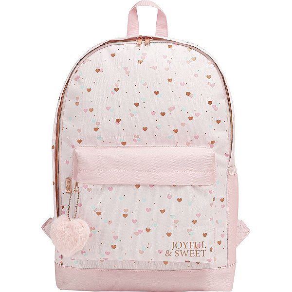 Mochila de Costas Académie Corações Metalizados com detalhes Rosé TILIBRA 339041
