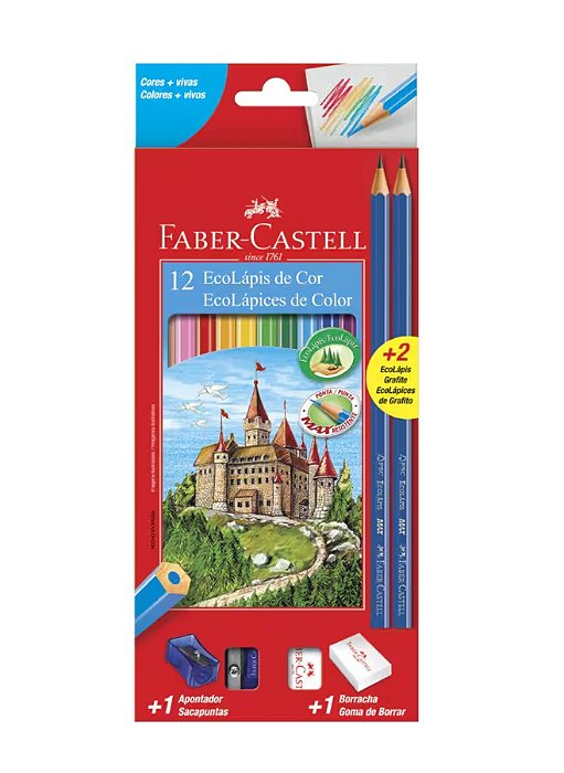 Lápis de Cor EcoLápis 12 Cores, Kit com Apontador, Borracha e 2 EcoLápis Grafite Faber-Castell - 120112+2N