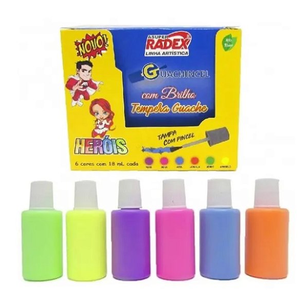 Tinta Guache com Tampa Pincel- Com Brilho e Cores Neon - Radex 019275
