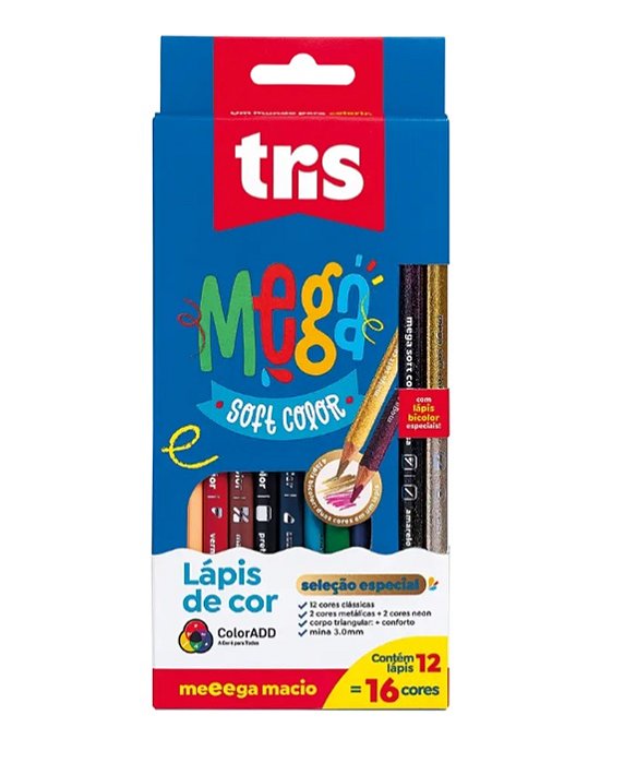 Lápis de Cor Mega Soft Color - 12 Cores Regulares + 2 Cores Neon + 2 Cores Metálicas - 911582