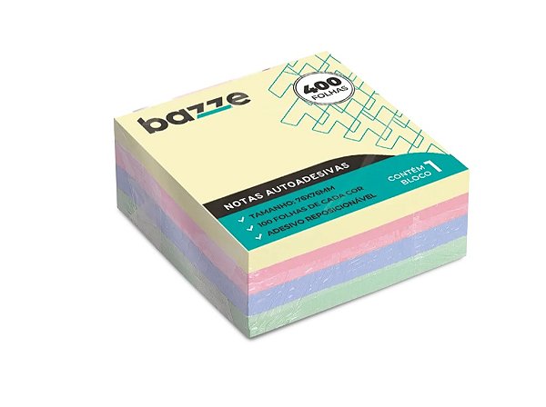 Notas Autoadesivas - 76mm X 76mm -  400 Folhas -Bazze 906298