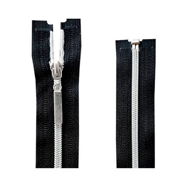 Zíper Nylon Aluminizado Prata Destacável para Jaqueta 10 unidades, Preto