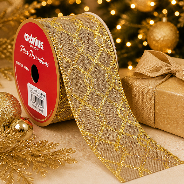 Fita Aramada Natalina Bege Juta Glitter Cromus 6,3cm x 9,14m