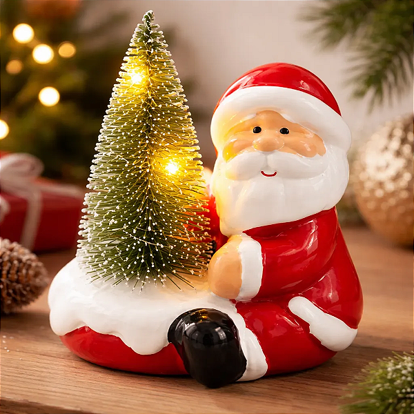 Enfeite Natal Papai Noel Sentado Com Árvore E Led 10cm