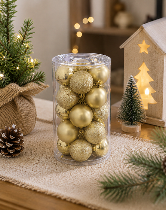 Kit 20 Bolas De Natal 6cm Douradas Mistas Com Glitter