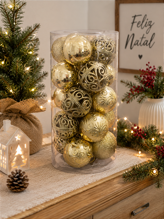 Kit 20 Bolas De Natal 10cm Douradas Mistas E Texturizadas