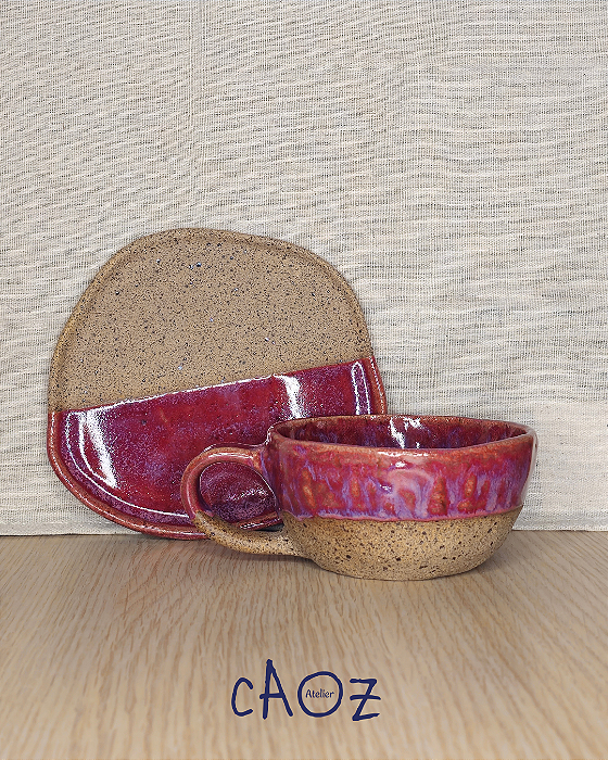 Conjunto caneca e pires cerâmica artesanal