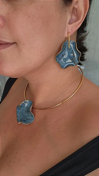 Conjunto biojoias orgânica azul onda