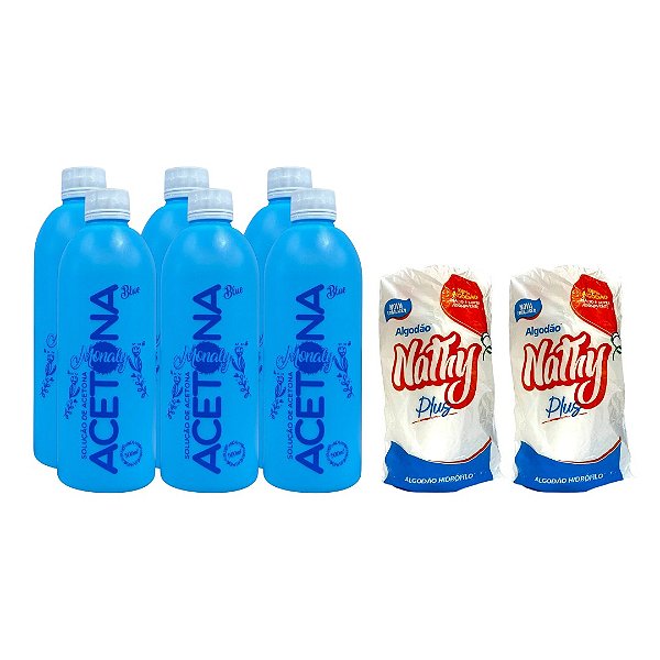 KIT Removedor de esmalte Monaly 500ml (6 unidades) + Algodão Nathy Hidrófilo Rolo 250g (2 unidades)