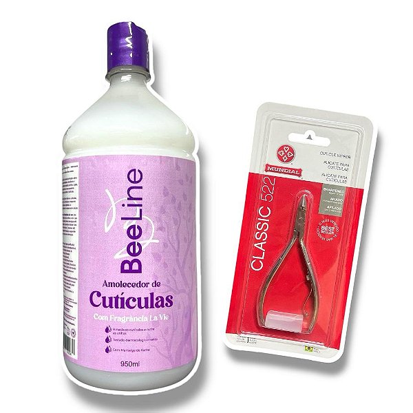 Kit Amolecedor de cutícula 950ml Bee Line incluso alicate 522 Mundial