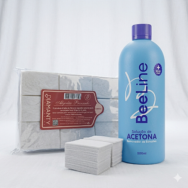 KIT Acetona removedor de esmalte Bee Line + Algodão Prensado para Unhas Diamanty 1000 unidades