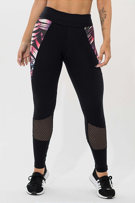 Legging Supplex com Tela e Detalhe Folhagens