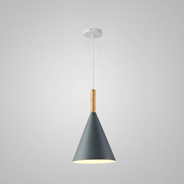 Luminária Pendente Moderna de Teto com detalhe de Madeira tipo Cone