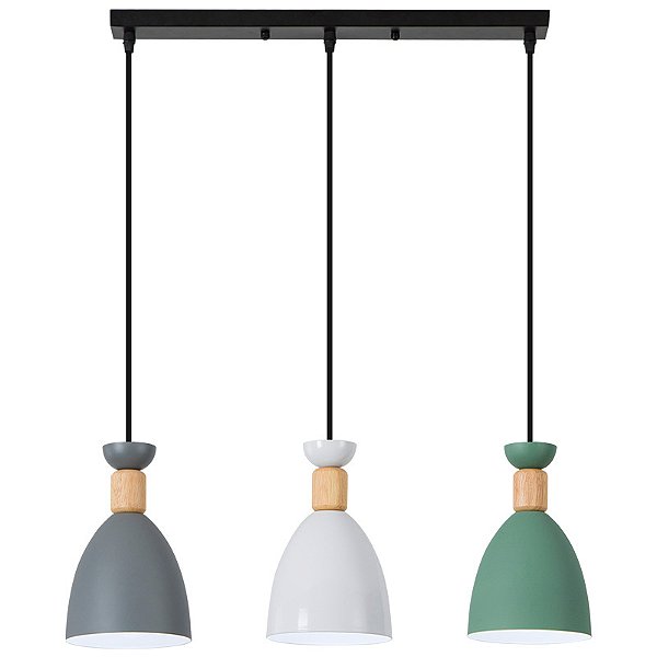Luminária Pendente Triplo em linha Moderna de Teto com detalhe de Madeira