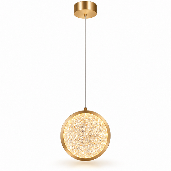 Luminária Pendente LED Cristal Redonda Dourada 9W Bivolt 3 Tons de Luz 15cm