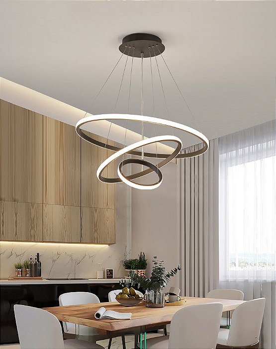 Luminária Pendente LED Lustre de Teto 3 Aros Ajustáveis