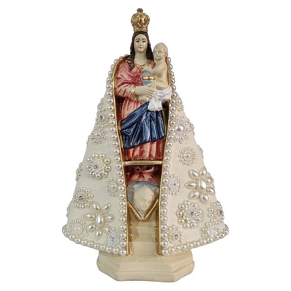 Imagem Nossa Senhora de Nazaré 28cm Gesso Barroco Flor com Pérolas