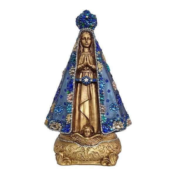 Imagem Nossa Senhora Aparecida 38cm Gesso Cristal Flor Azul Escuro