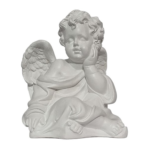 Imagem Anjo Mão na Bochecha 17cm Gesso Marfim Branco
