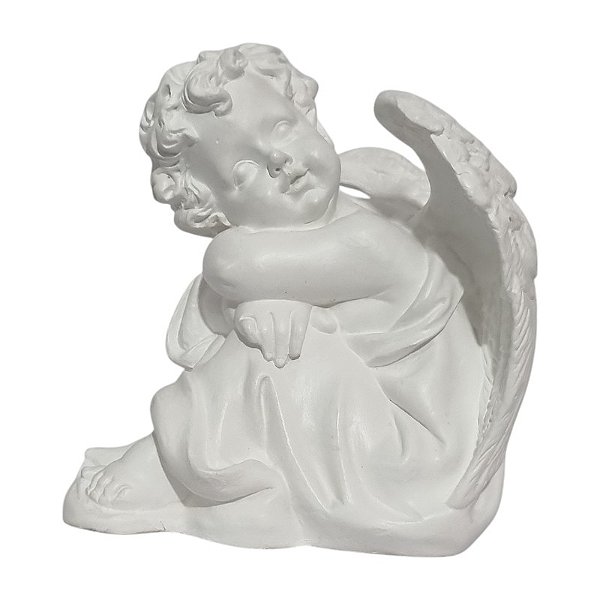 Imagem Anjo Deitado no Braço 17cm Gesso Marfim Branco