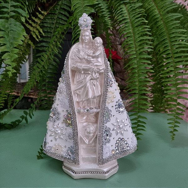 Imagem Nossa Senhora de Nazaré 28cm Gesso Cristal Flor Prata