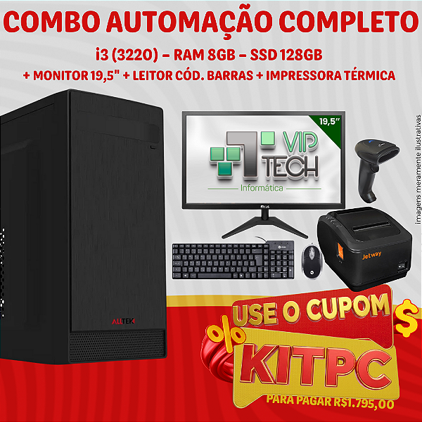 KIT AUTOMAÇÃO COMPLETO - COMPUTADOR + MONITOR + IMPRESSORA + LEITOR