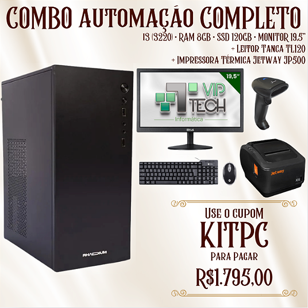 KIT AUTOMAÇÃO COMPLETO - COMPUTADOR + MONITOR + IMPRESSORA + LEITOR