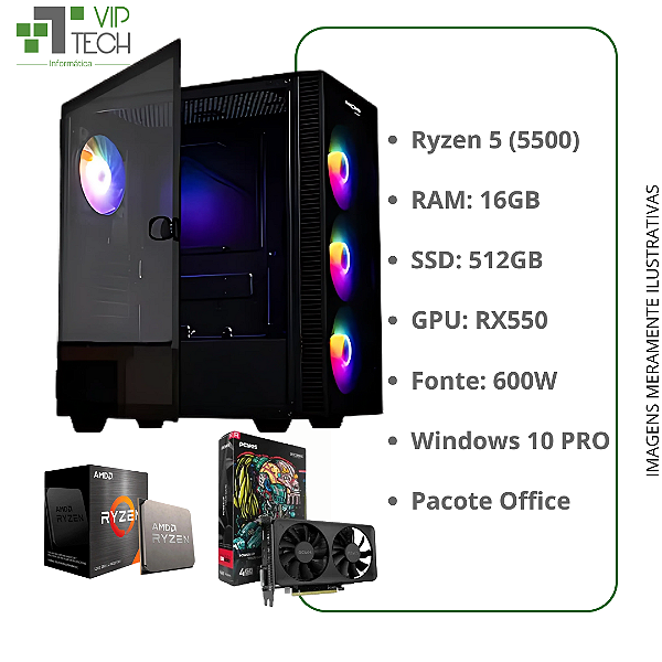 Computador Gamer Ryzen 5 5500 3.6Ghz Mem 16Gb Ddr4 Ssd 512Gb Fonte 600W GPU RX550 Windows 10 Pro